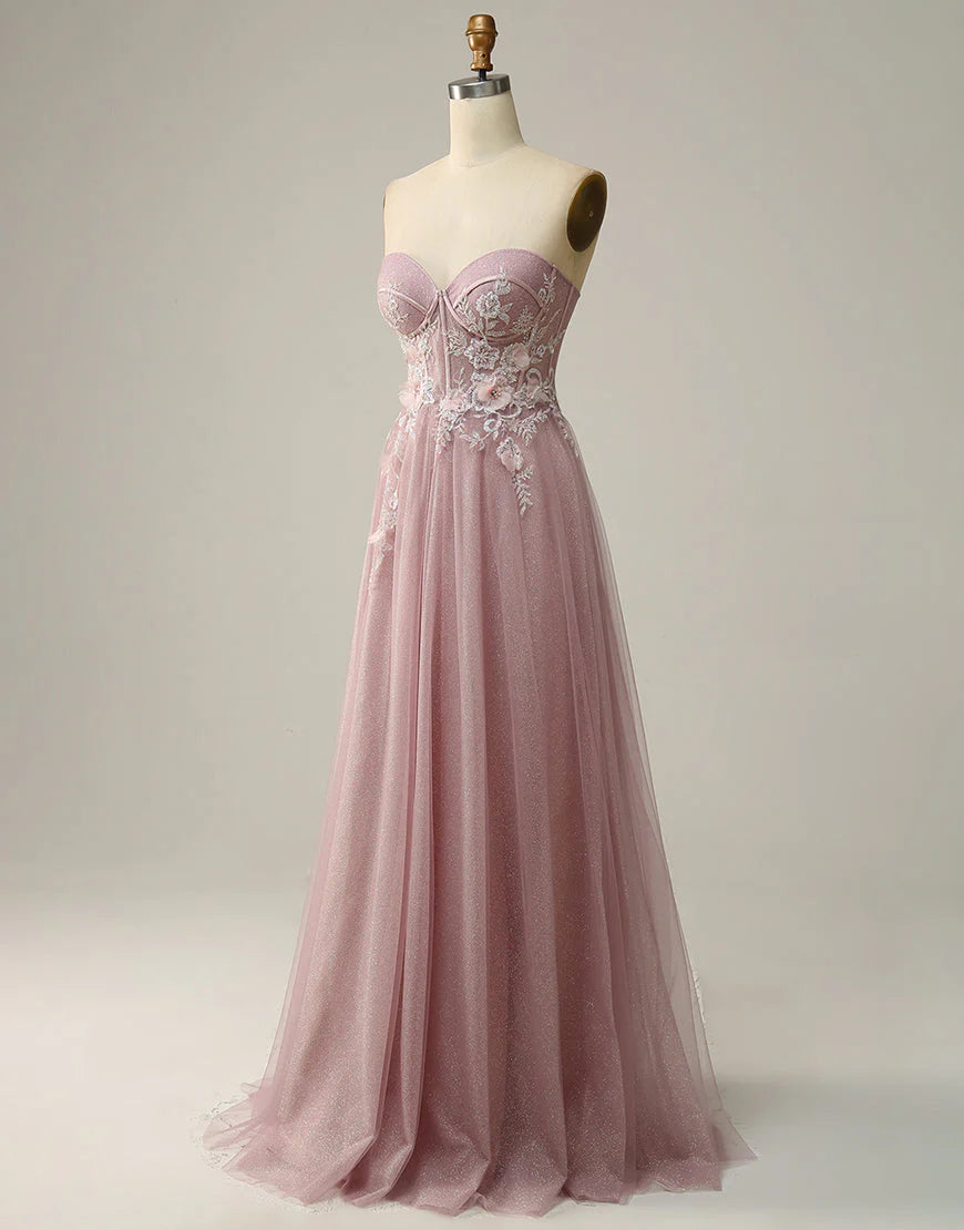 A-Line Sweetheart Strapless Long Prom Dress With Appliques