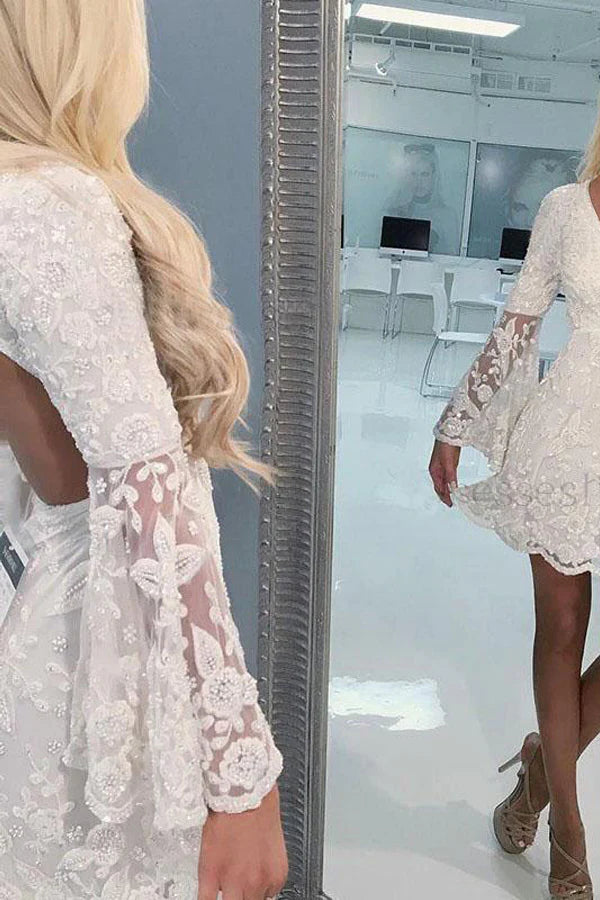 A-Line  V Neck Homecoming Long Bell  Sleeve  Short Ivory Lace Graduation Dresses