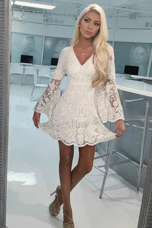 A-Line  V Neck Homecoming Long Bell  Sleeve  Short Ivory Lace Graduation Dresses