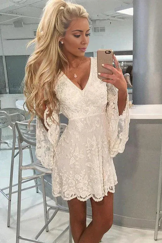 A-Line  V Neck Homecoming Long Bell  Sleeve  Short Ivory Lace Graduation Dresses