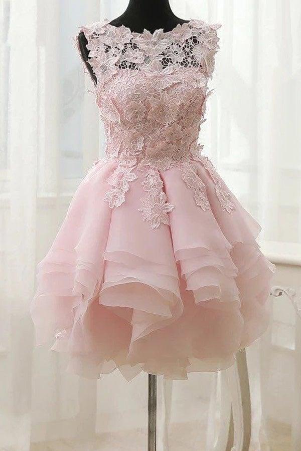 A-line Lace Cut Short  Bateau Neckline With Applique Pink Homecoming Dresses