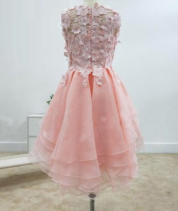 A-line Lace Cut Short  Bateau Neckline With Applique Pink Homecoming Dresses