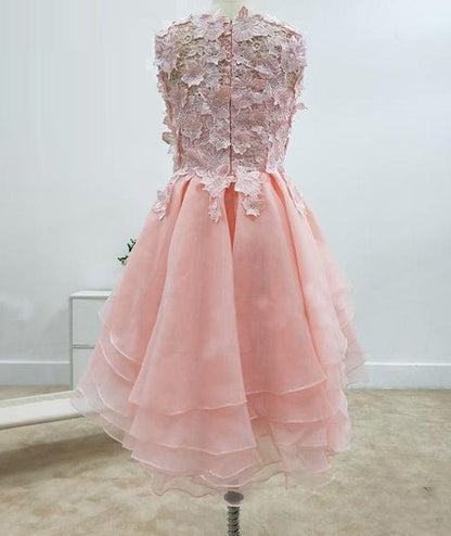 A-line Lace Cut Short  Bateau Neckline With Applique Pink Homecoming Dresses