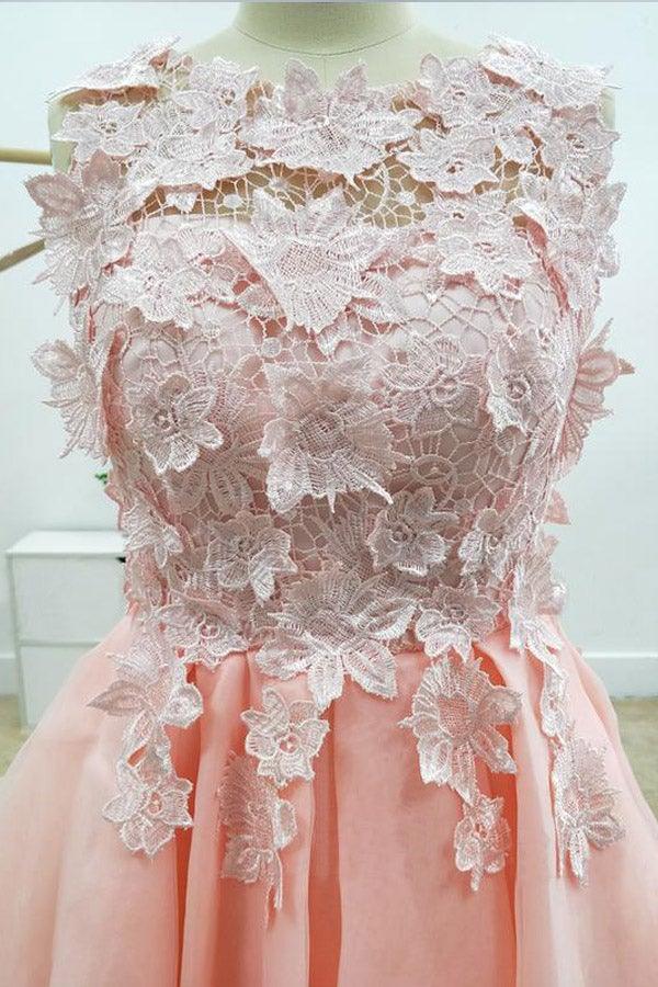 A-line Lace Cut Short  Bateau Neckline With Applique Pink Homecoming Dresses