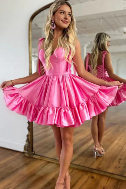 A-line Pink Ruffle Cute Sweetheart Short Mini Homecoming Dresses