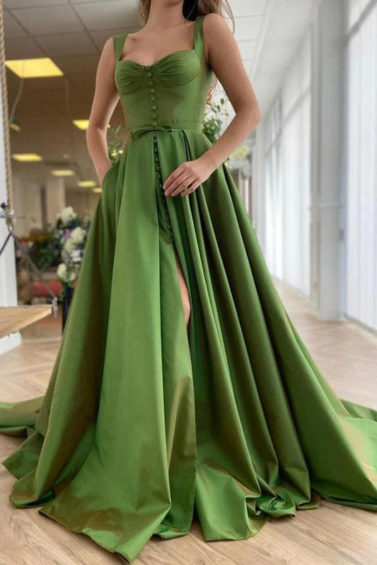 A-Line/Princess Ruffles Spaghetti Straps Sleeveless Sweep/Brush Party Dresses Formal Dresses With Split/Pockets