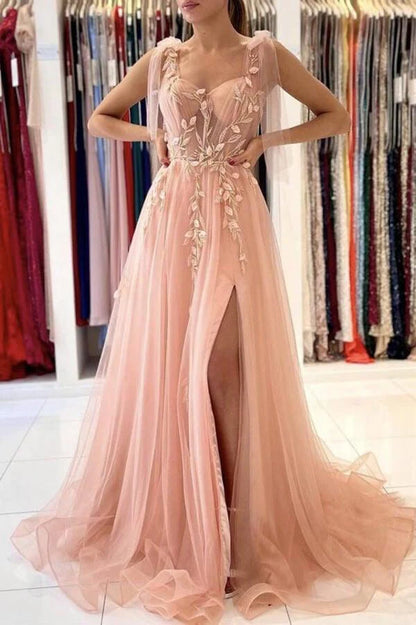 A-line/Princess Sleeveless Tulle Long Chiffon Flora Party Dresses With Split