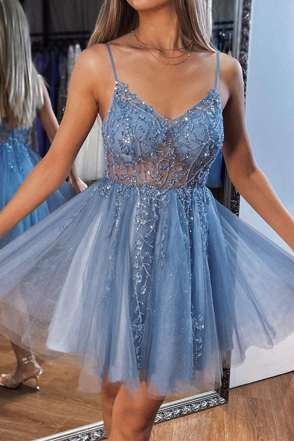 A Line V Neck Navy Short Mini Tulle Homecoming Dress with Beading