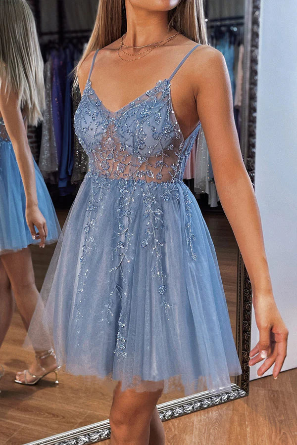 A Line V Neck Navy Short Mini Tulle Homecoming Dress with Beading