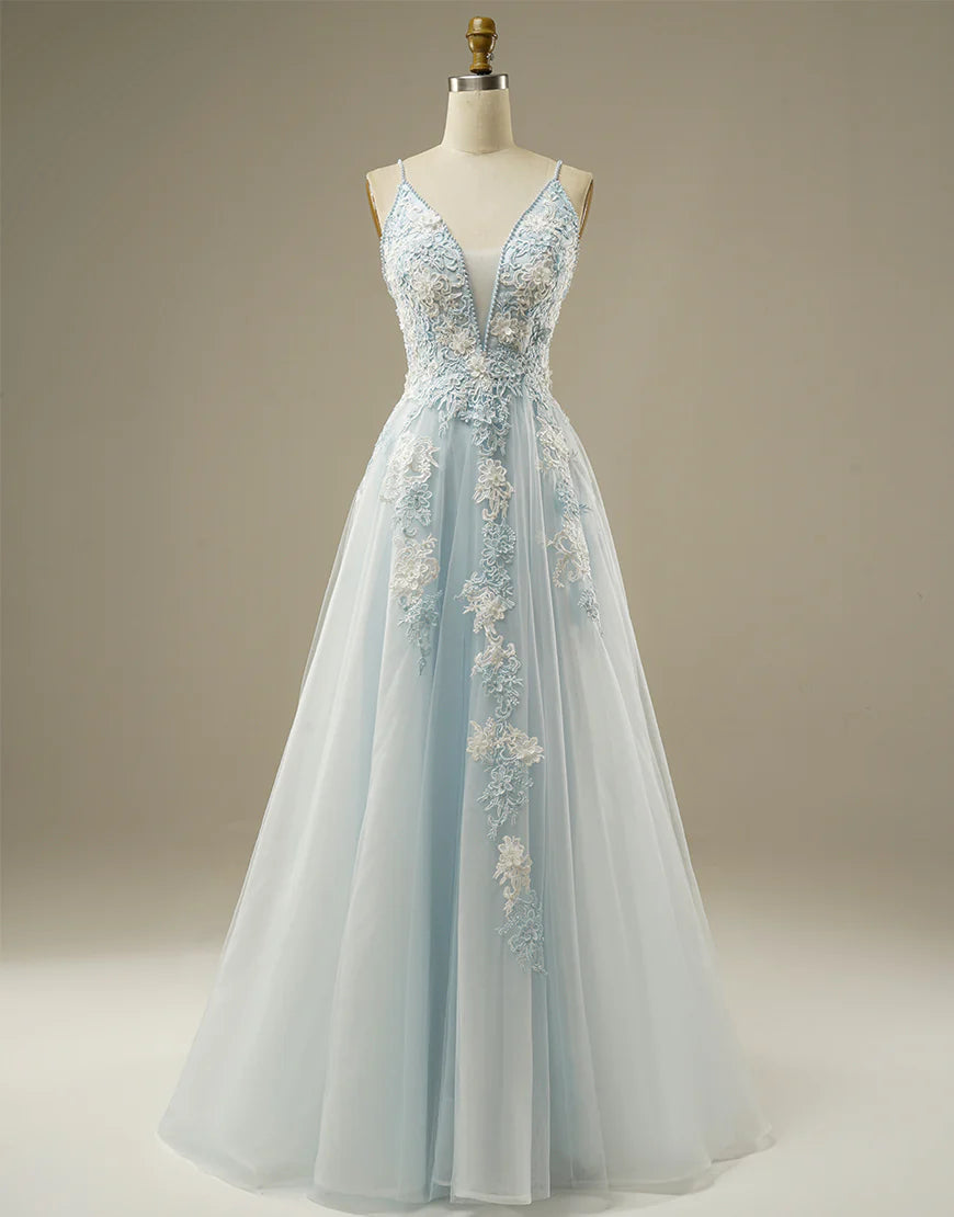 Sweetheart A-line Spaghetti Straps Tulle Long Prom Dress With Appliques Charming Evening Party Dress
