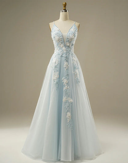 Sweetheart A-line Spaghetti Straps Tulle Long Prom Dress With Appliques Charming Evening Party Dress