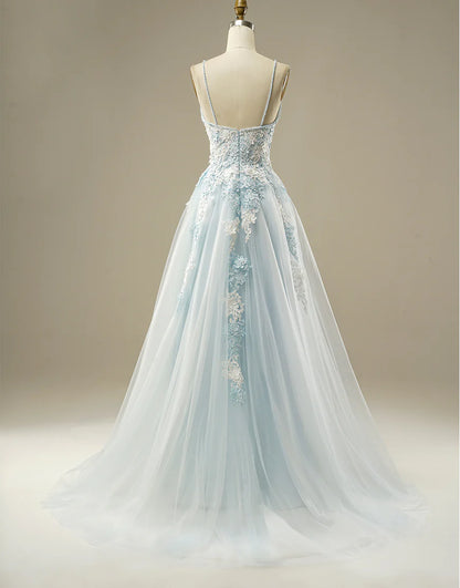 Sweetheart A-line Spaghetti Straps Tulle Long Prom Dress With Appliques Charming Evening Party Dress