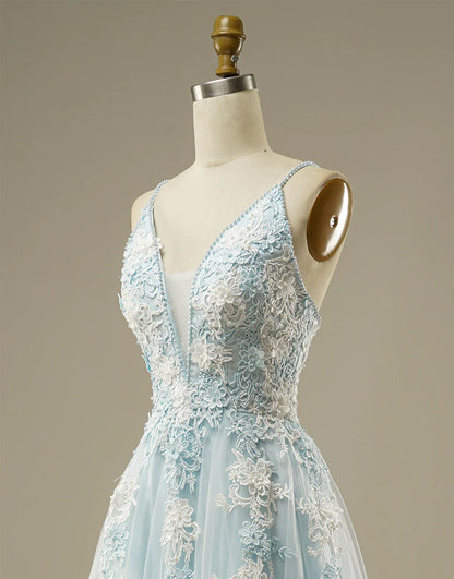 Sweetheart A-line Spaghetti Straps Tulle Long Prom Dress With Appliques Charming Evening Party Dress