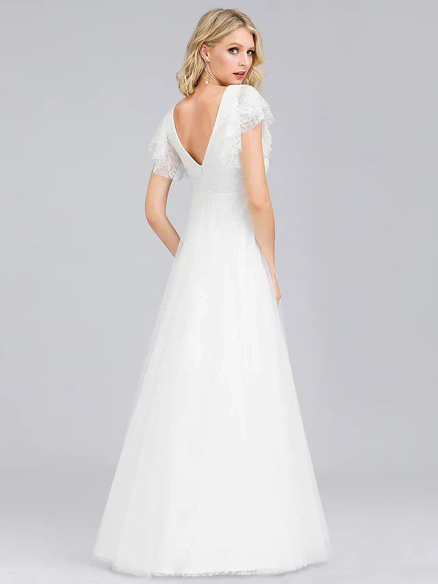 A-Line Wedding Dresses V Neck Floor Length Lace Short Sleeve Simple Casual Boho Illusion Detail Backless
