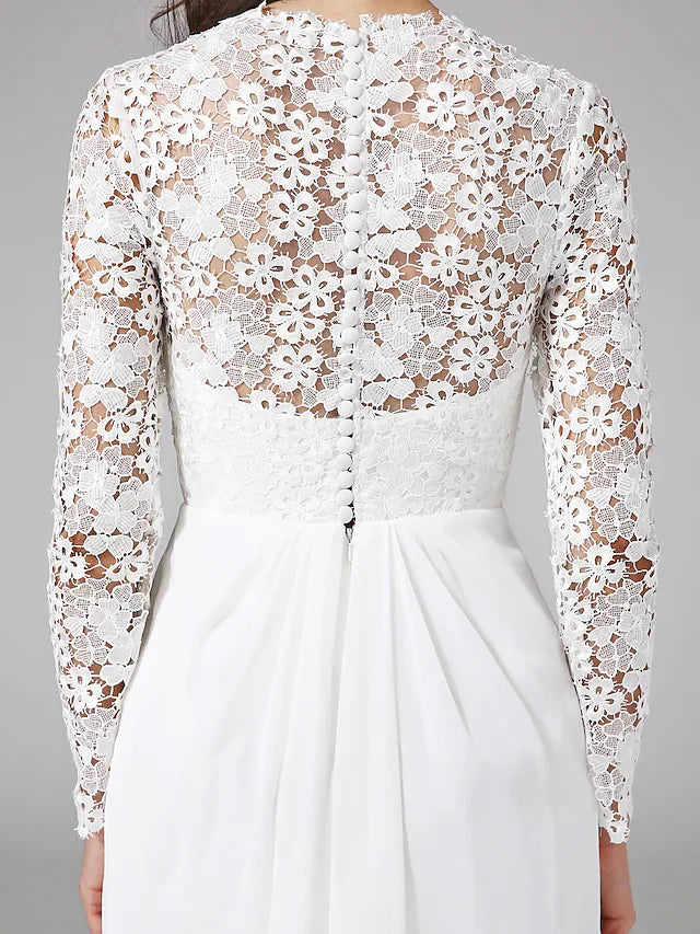 Wedding Dresses V NeckChiffon Floral Lace Long Sleeve Romantic Boho Illusion Sleeve with Back Lace Button