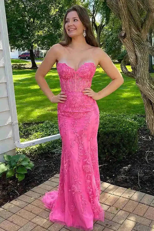 Sheath/Mermaid Sweetheart Strapless Blue Lace Prom Dresses with  Appliques