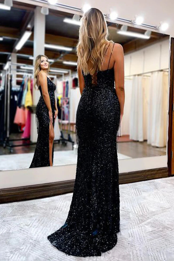 Mermaid V Neck Black Velvet Sequins Long Prom Dresses with Slit