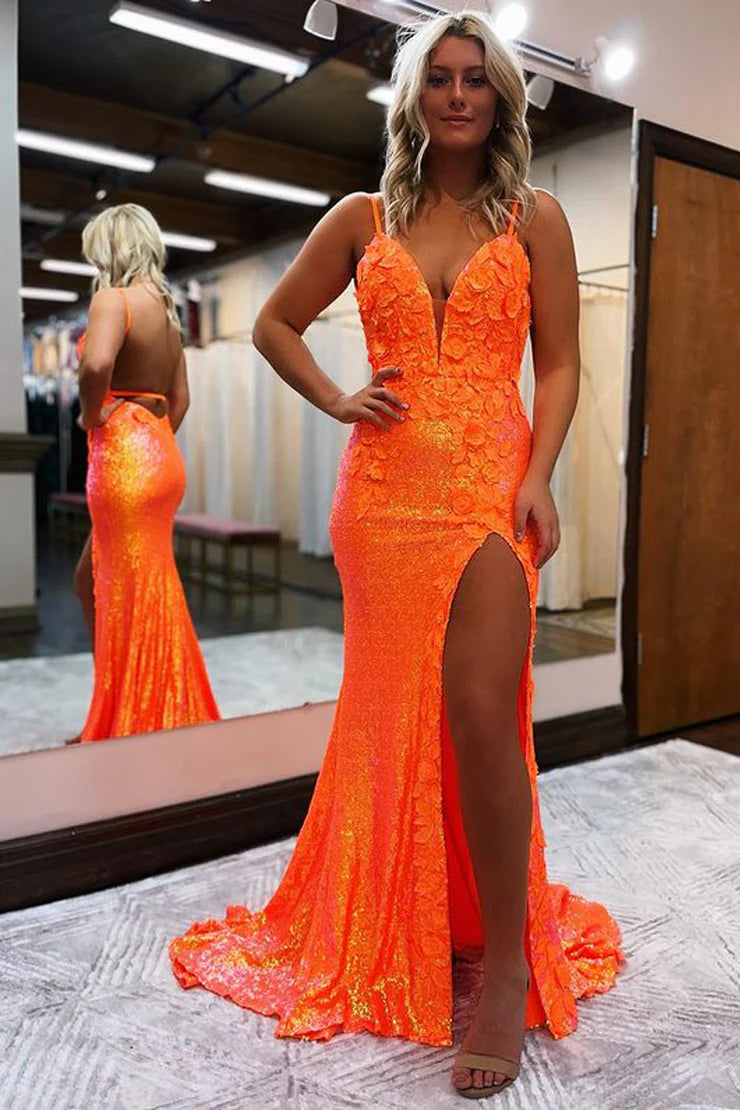 Mermaid V Neck Orange Sequins Long Prom Dresses with Slit