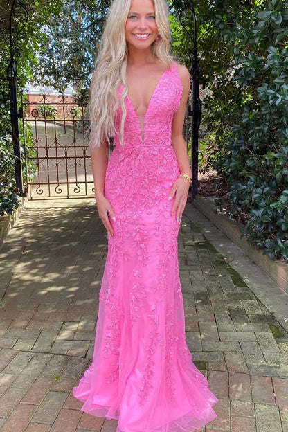 Sheath /Mermaid Low V Neck Lace Long Prom Dresses with Appliques