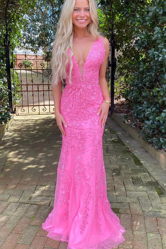 Sheath /Mermaid Low V Neck Lace Long Prom Dresses with Appliques