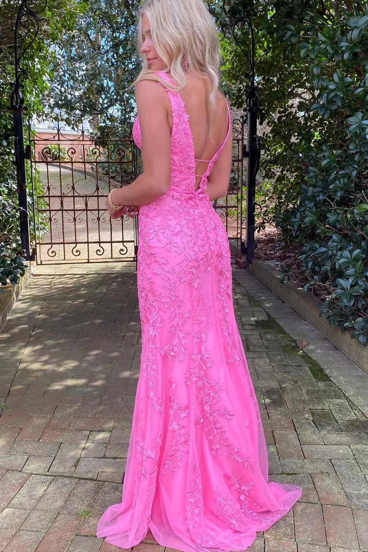 Sheath /Mermaid Low V Neck Lace Long Prom Dresses with Appliques