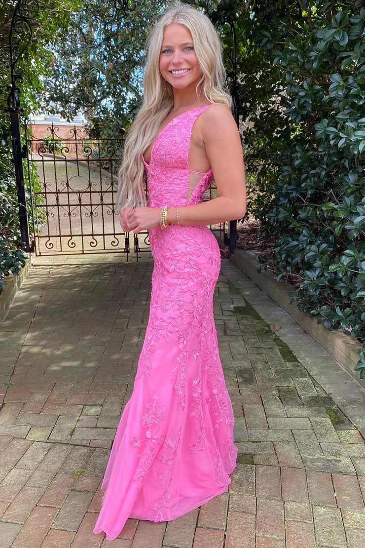Sheath /Mermaid Low V Neck Lace Long Prom Dresses with Appliques