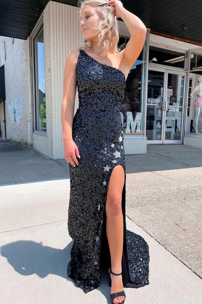 Sleek Glittering Sparkle Mermaid One Shoulder Black Sequins Long Prom Dresses with Stars