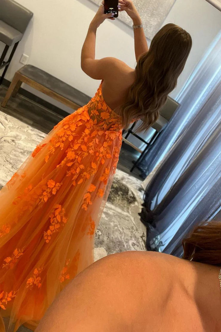 A Line Strapless  Ball Sweetheart Orange 3D Appiques Prom Dresses