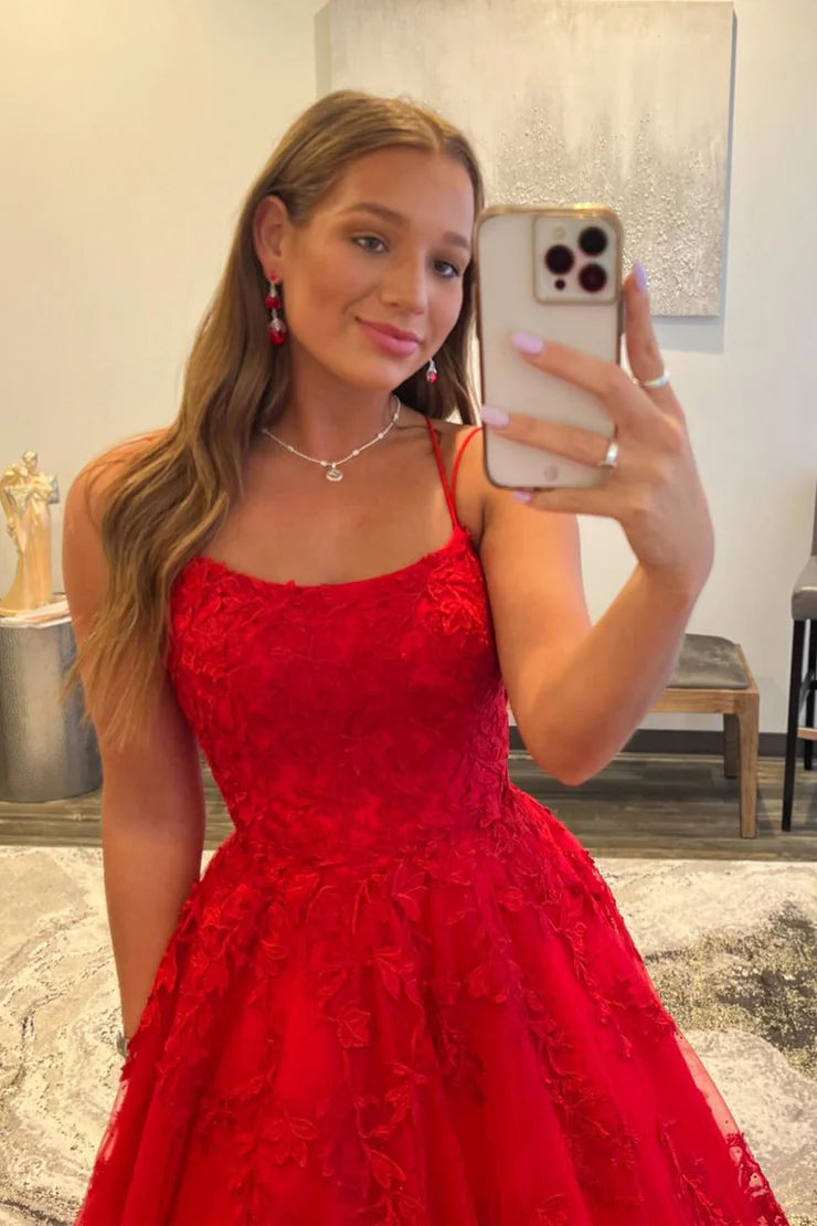Spaghetti Straps Ball Gown Sweetheart Red Tulle Lace Prom Dresses with Appliques