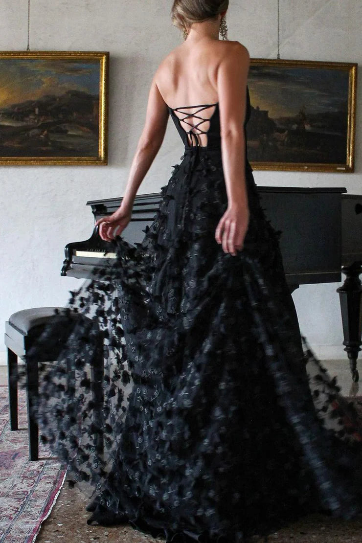 A Line Long Strapless Black Lace Prom Dresses With Slit