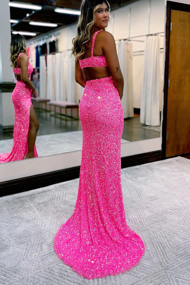 Sheath /Mermaid V Neck Hot Pink Sequins Prom Dresses with Slit