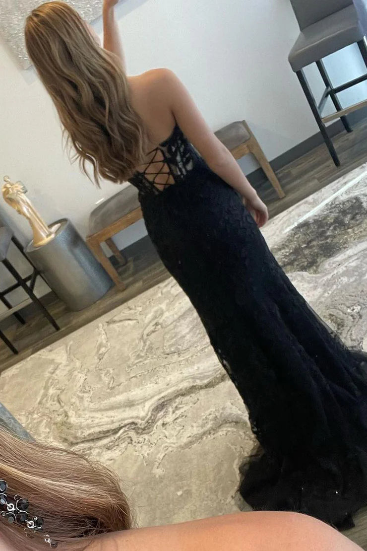 Mermaid Appliques Sweetheart Black Lace Long Prom Dresses with Slit