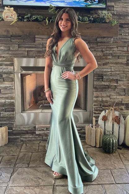 Mermaid Low V Neck Sage Green Silk Satin Long Bridesmaid Dresses