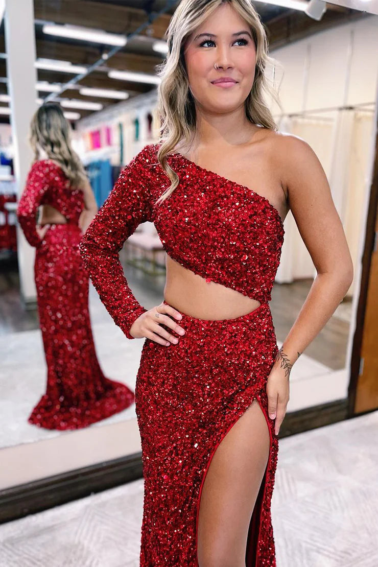 Mermaid One Shoulder Dark Red Sequins Prom Dresses with Slit