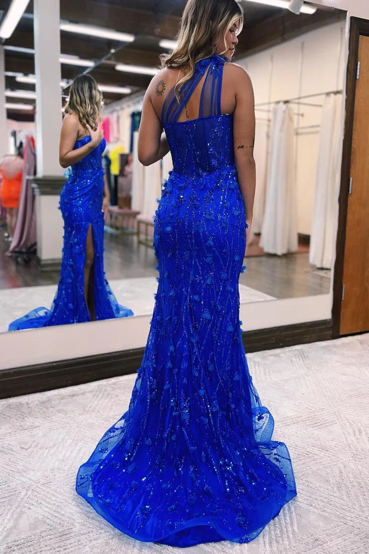 Sheath/Mermaid One Shoulder Royal Blue Lace Evening Dresses with Slit