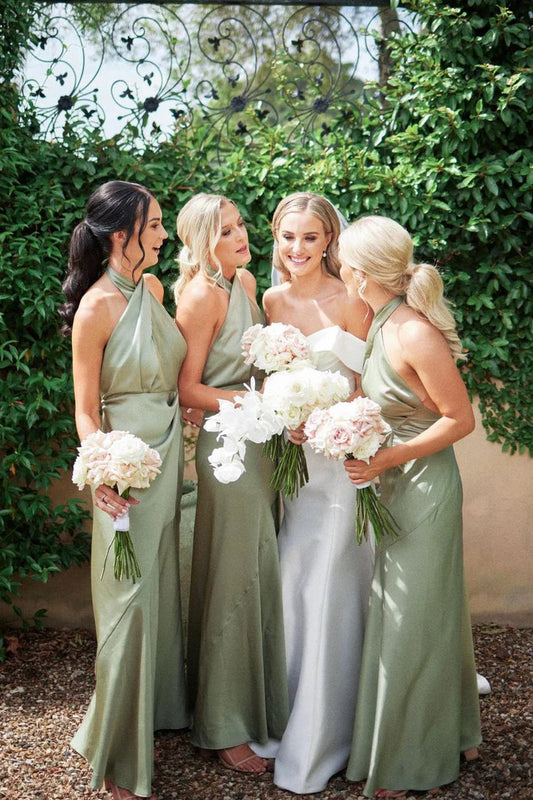 Charming Sheath Hatler Sage Green Long Bridesmaid Dresses