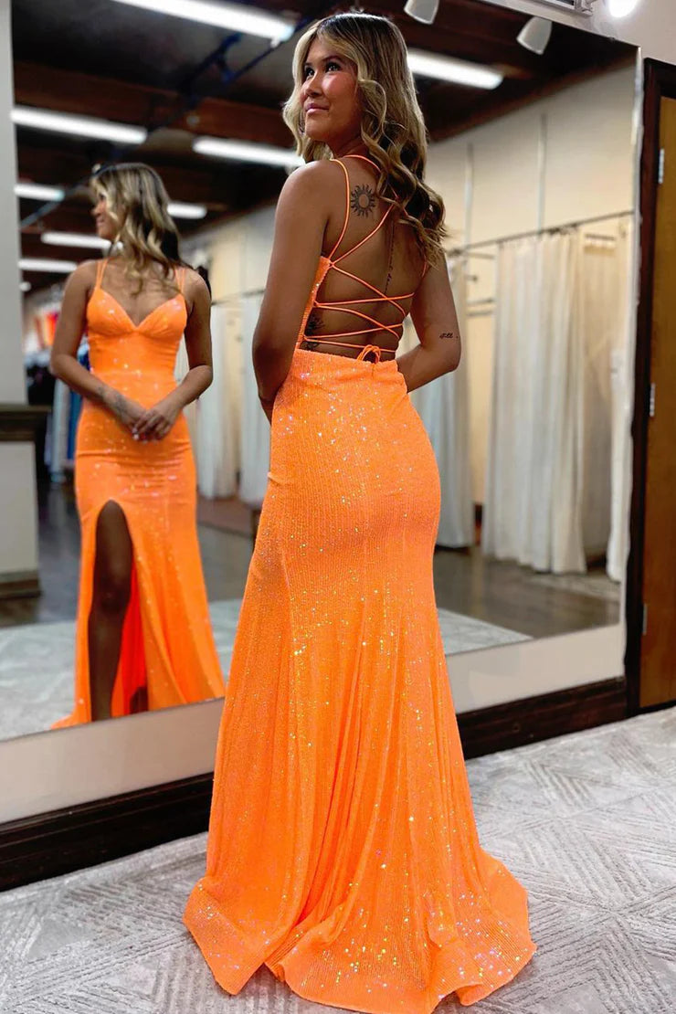 Mermaid V Neck Orange Sequins Long Prom Dresses with Slit