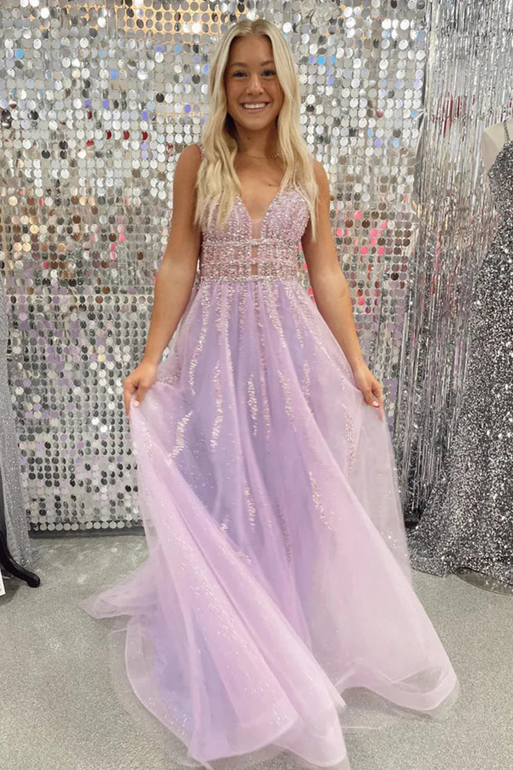 A Line Low V Neck Lavender Tulle Prom Dresses with Beading