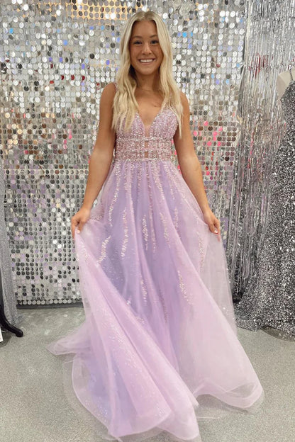 A Line Low V Neck Lavender Tulle Prom Dresses with Beading