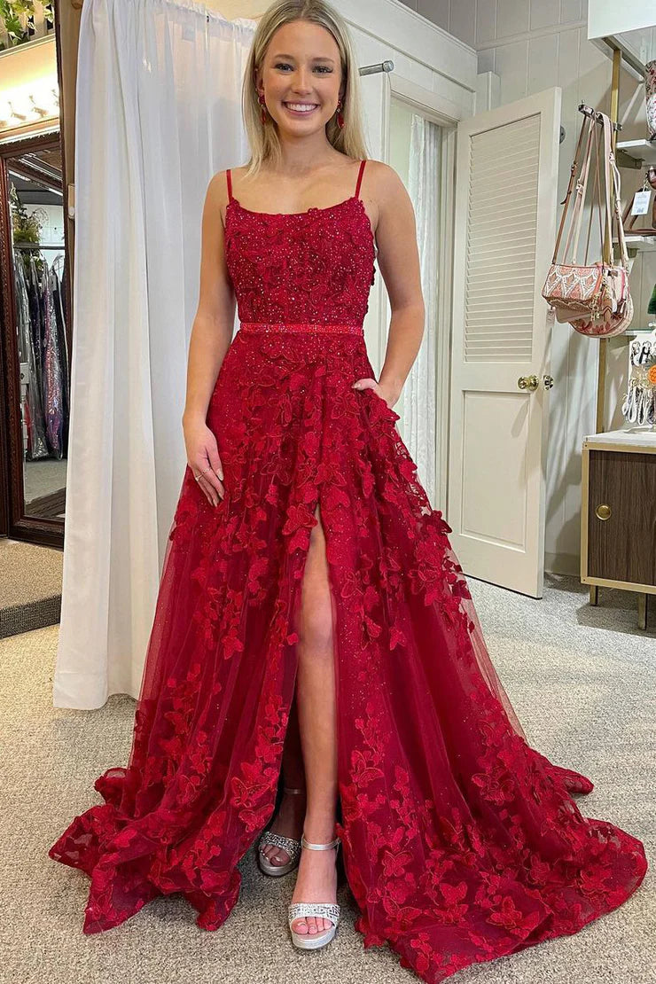 A Line Spaghetti Straps Scoop Neck Red Sequins Lace Prom Dresses With Butterflies