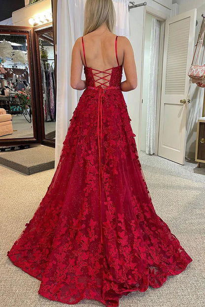 A Line Spaghetti Straps Scoop Neck Red Sequins Lace Prom Dresses With Butterflies