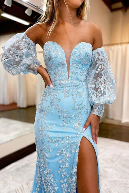 Sheath/Mermaid Sweetheart Light Blue Sparkly Lace Prom Dresses with Appliques