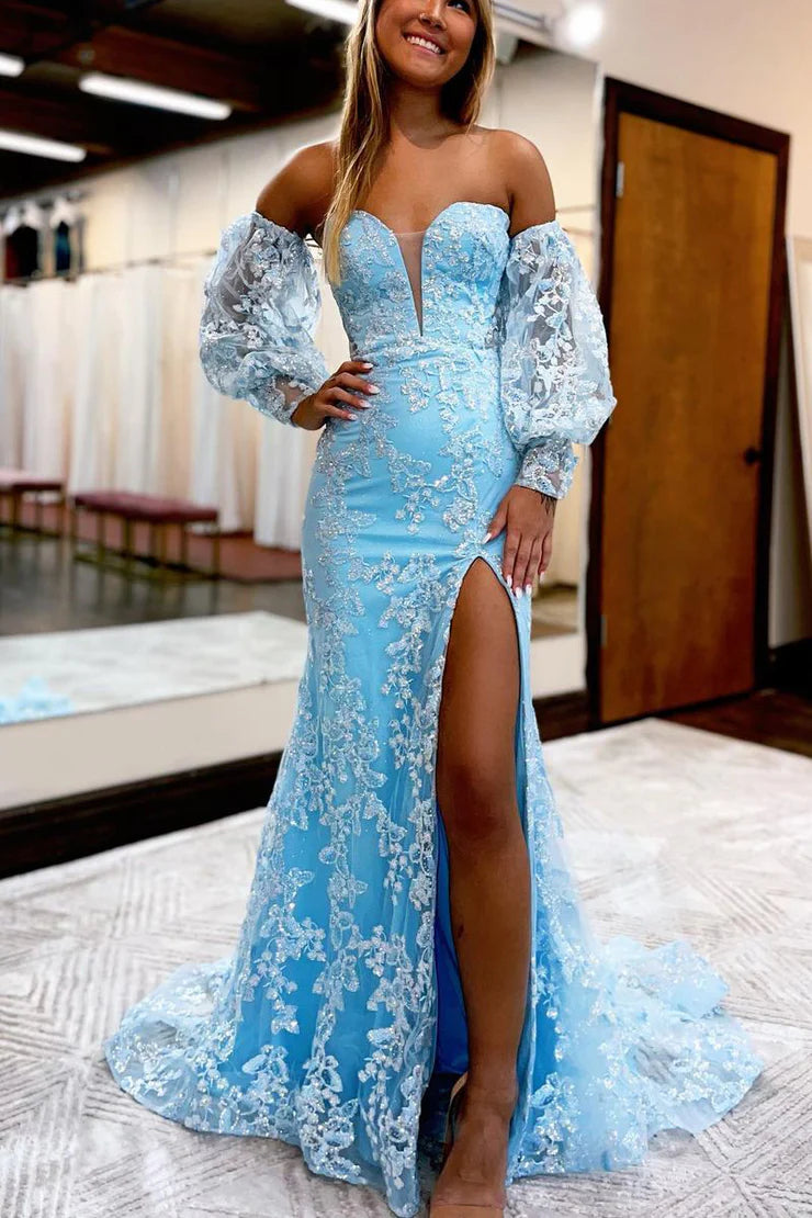Sheath/Mermaid Sweetheart Light Blue Sparkly Lace Prom Dresses with Appliques
