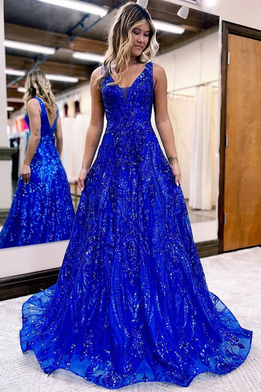 A Line V Neck Royal Blue Sequins Lace Prom Dresses