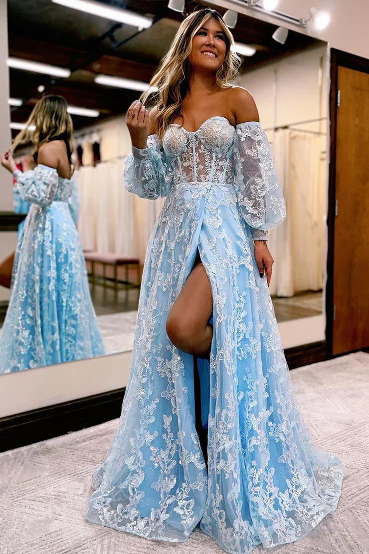 A Line Lace Off the Shoulder Floor Length Prom Dresses with Slit