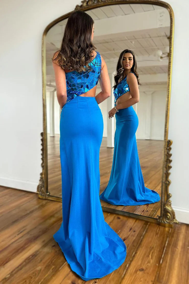 A Line Mermaid One Shoulder Blue Long Prom Dresses with Beading