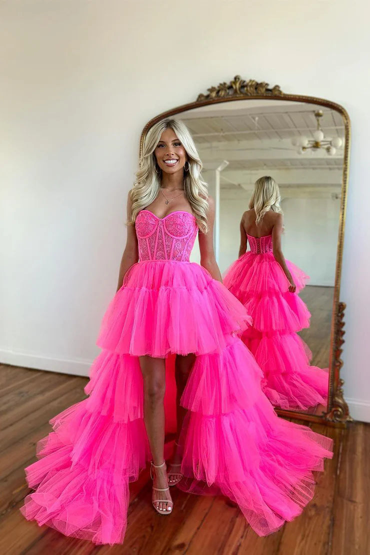 A Line High Low Strapless Hot Pink Prom Dresses with Tulle Layers