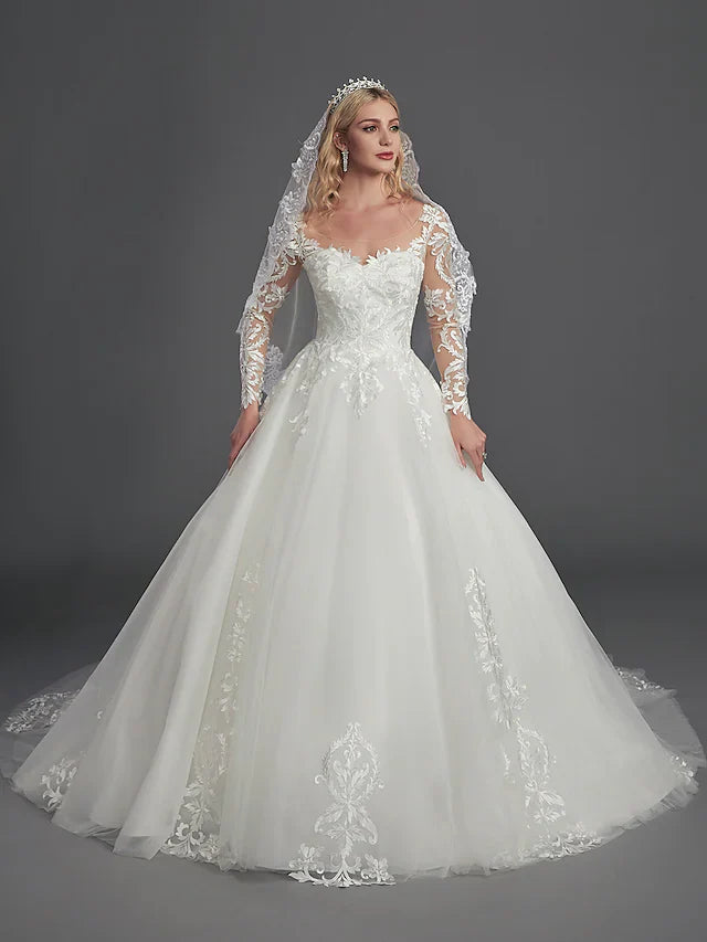 Ball Gown Wedding Dresses Illusion Neck Chapel Train Lace Tulle Long Sleeve Glamorous See-Through Illusion Detail with Buttons Appliques