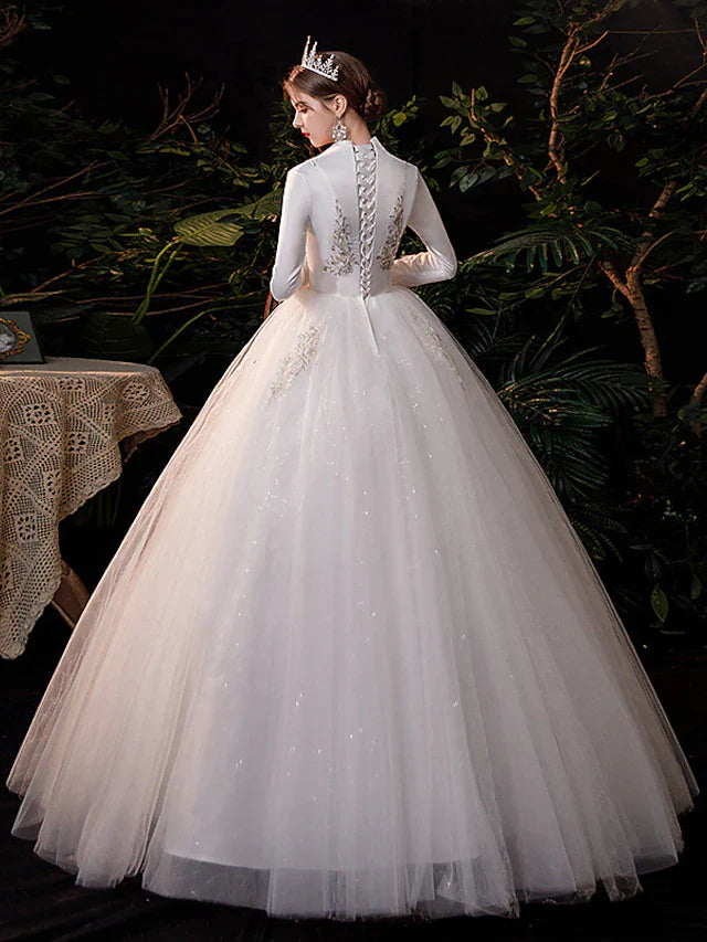 Princess Ball Gown Wedding Dresses V Neck Floor Length Lace Tulle Long Sleeve Romantic Sparkle & Shine Luxurious with Appliques