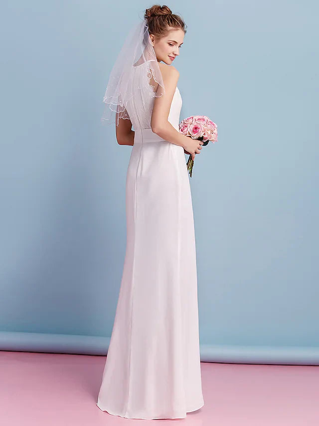 Wedding Dresses Halter Neck Floor Length Chiffon Lace Regular Straps Floral Lace with Lace Sash Ribbon